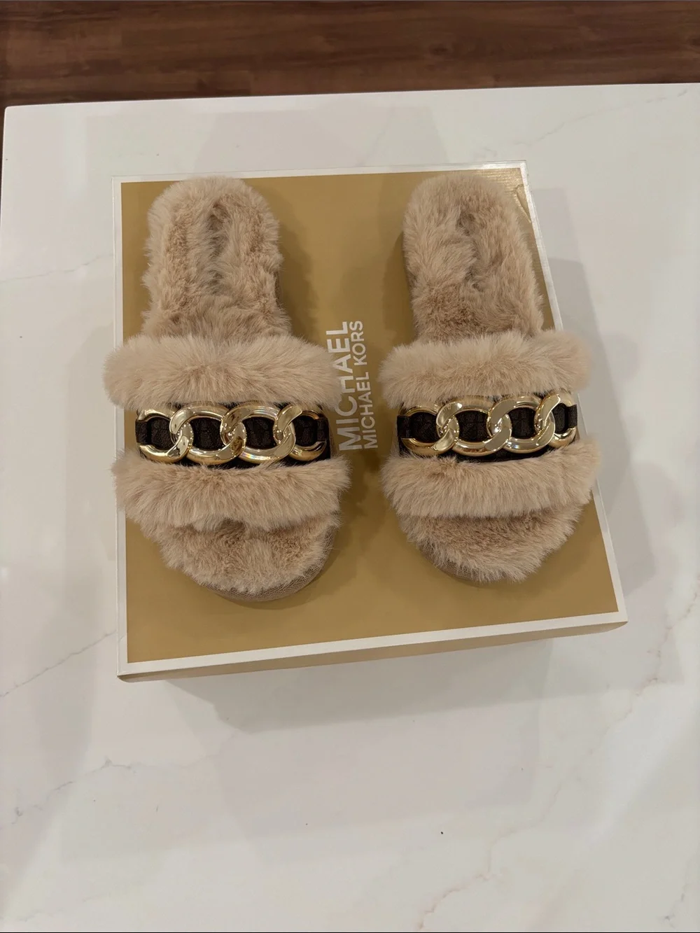 Michael Kors Tan Faux Fur Slide Sandals with Gold Chain Accent
